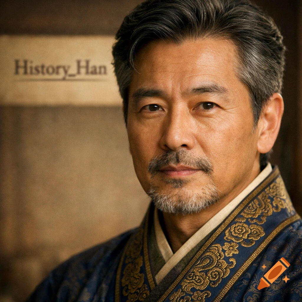 Close-up portrait of an East Asian man with gray hair and goatee in a blue embroidered robe, with 'History_Han' in background.