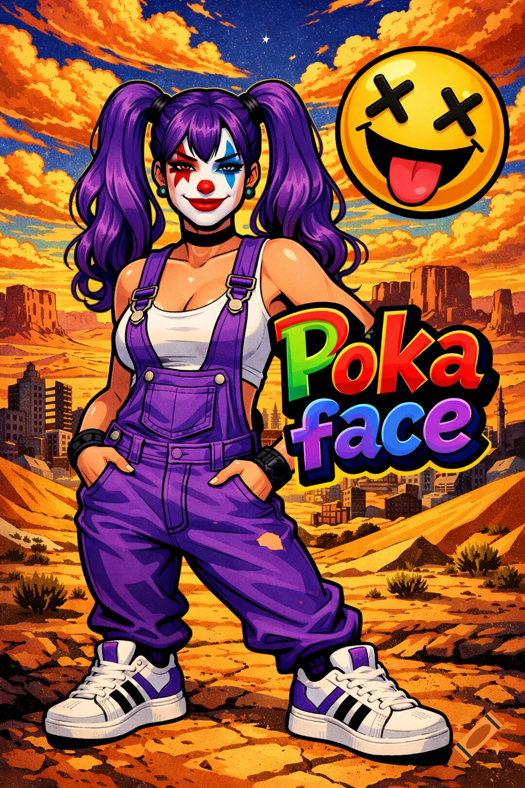 Comic art of a woman in clown makeup, purple pigtails, and overalls in a desert city. 'Poka face' text and a grinning emoji with X eyes are present.