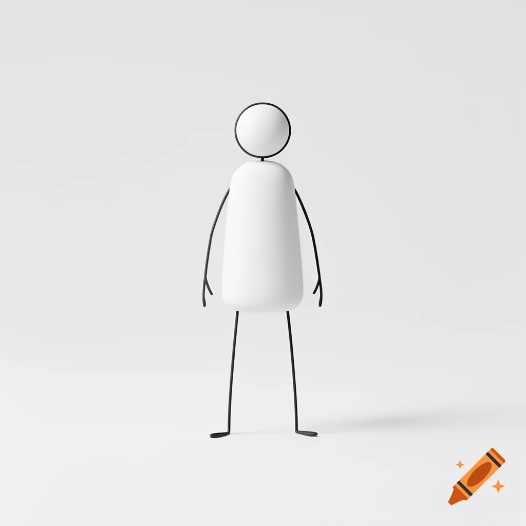 A minimalist 3D rendering of a stick figure with a thick white capsule-shaped torso, thin black limbs, and a circular head, against a clean white background.