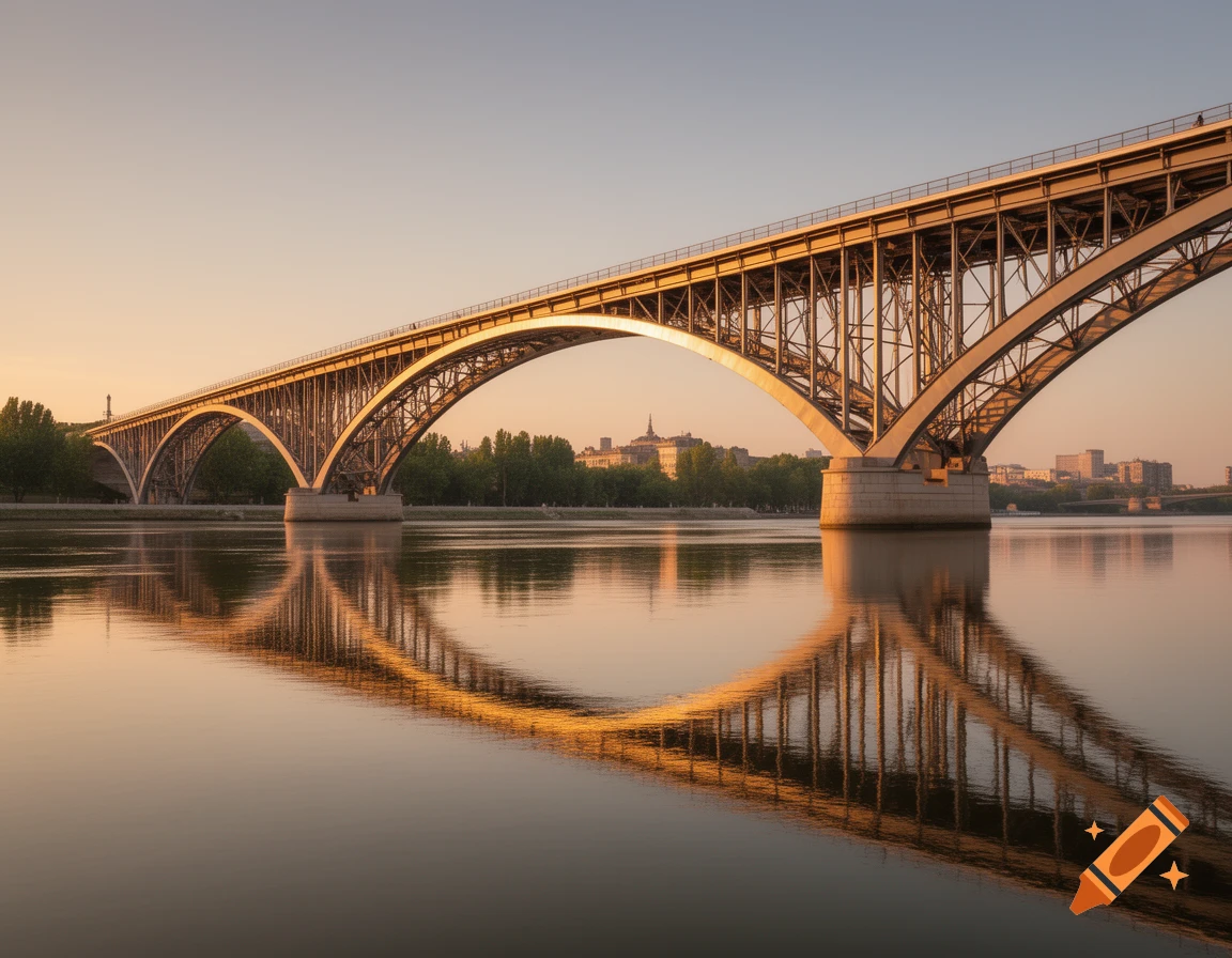 A large arch bridge spans a wide river, reflecting golden light at sunset.