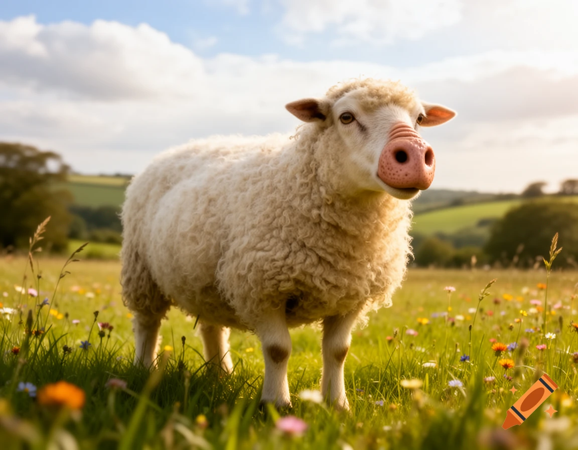 A white, fluffy sheep with a large pink nose stands in a sunlit grassy field with wildflowers under a blue sky.