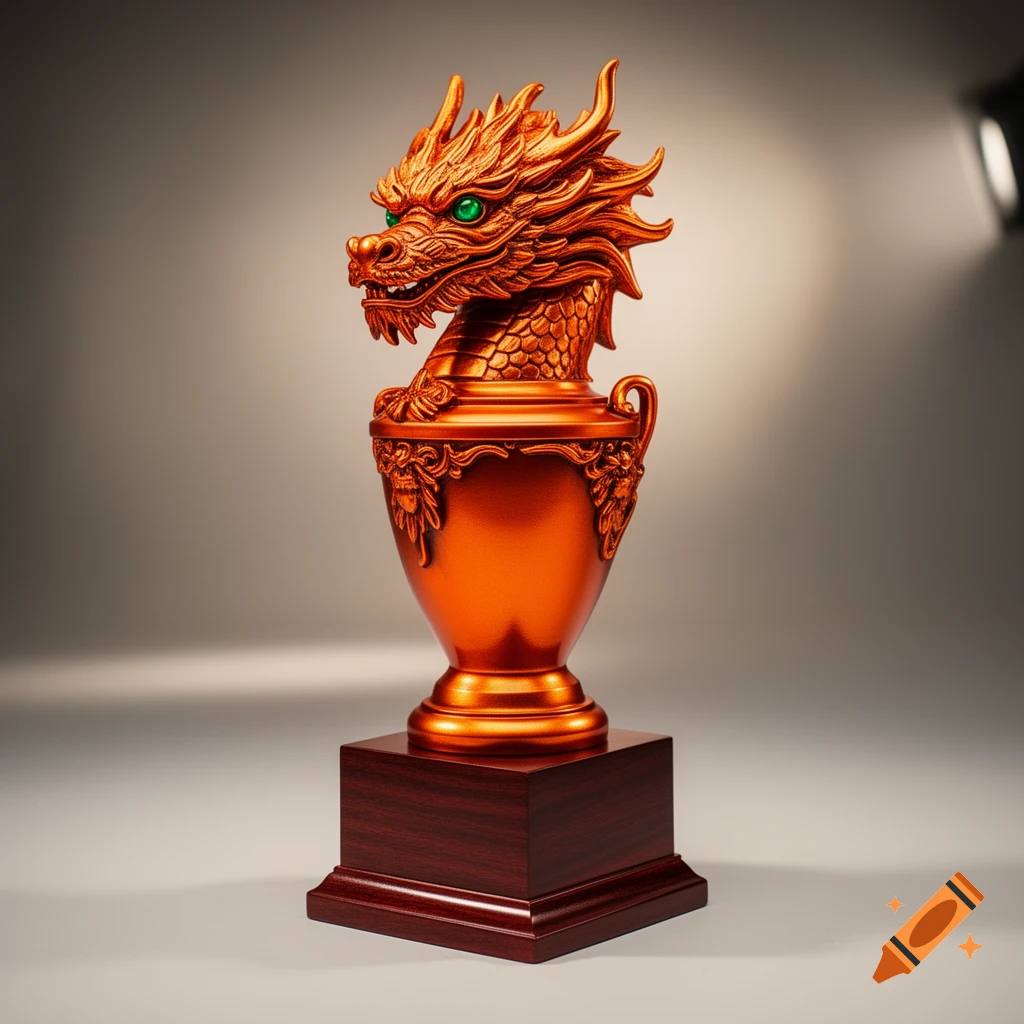 A gleaming orange trophy featuring a detailed dragon head with vibrant green eyes, mounted on a dark square wooden base, studio shot.