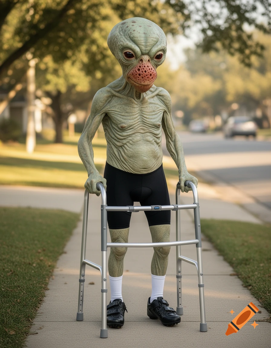 A photorealistic green-skinned alien with a pitted nose uses a walker on a suburban sidewalk, wearing cycling shorts.