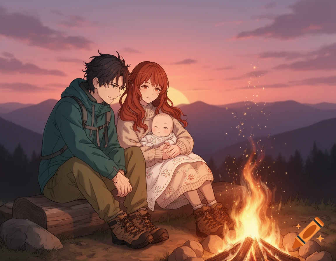 Anime style family of three (man, woman, baby) sitting by a campfire at sunset in the mountains.
