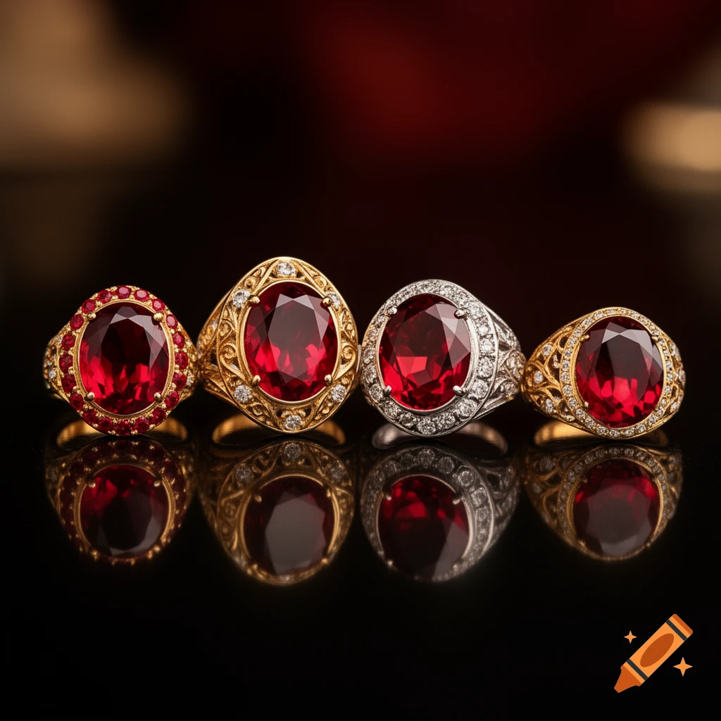 Four ornate rings featuring large oval red gemstones, two in gold settings and two in silver, reflecting on a black surface.