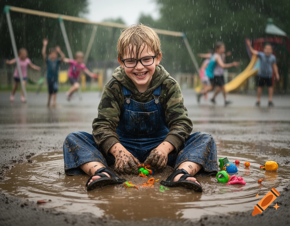 Photorealistic portrait of a smiling preteen boy in glasses, camouflage hoodie, and overalls, sitting in a muddy playground puddle, playing with toys in the rain.
