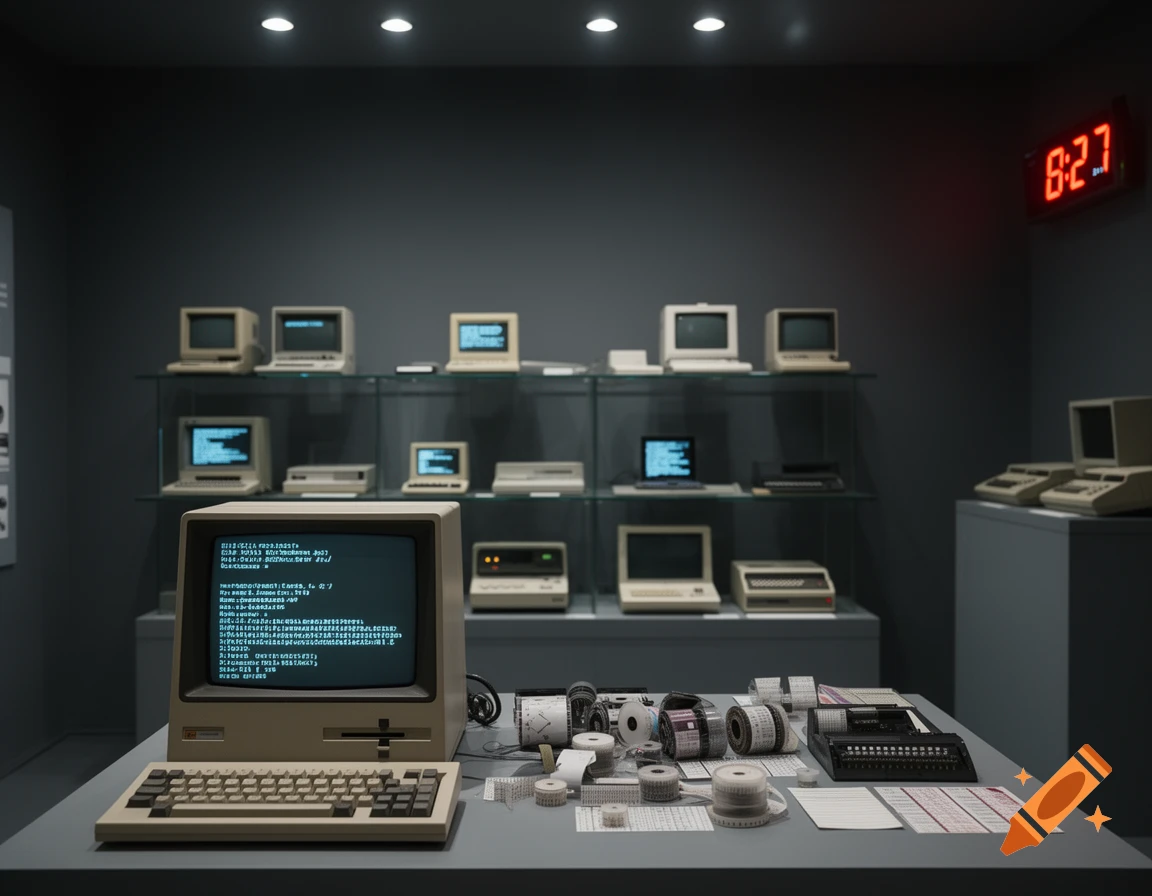 A vintage computer museum exhibit features old computers on shelves and a desk with a classic desktop computer, keyboard, and various tech items, bathed in spotlights.