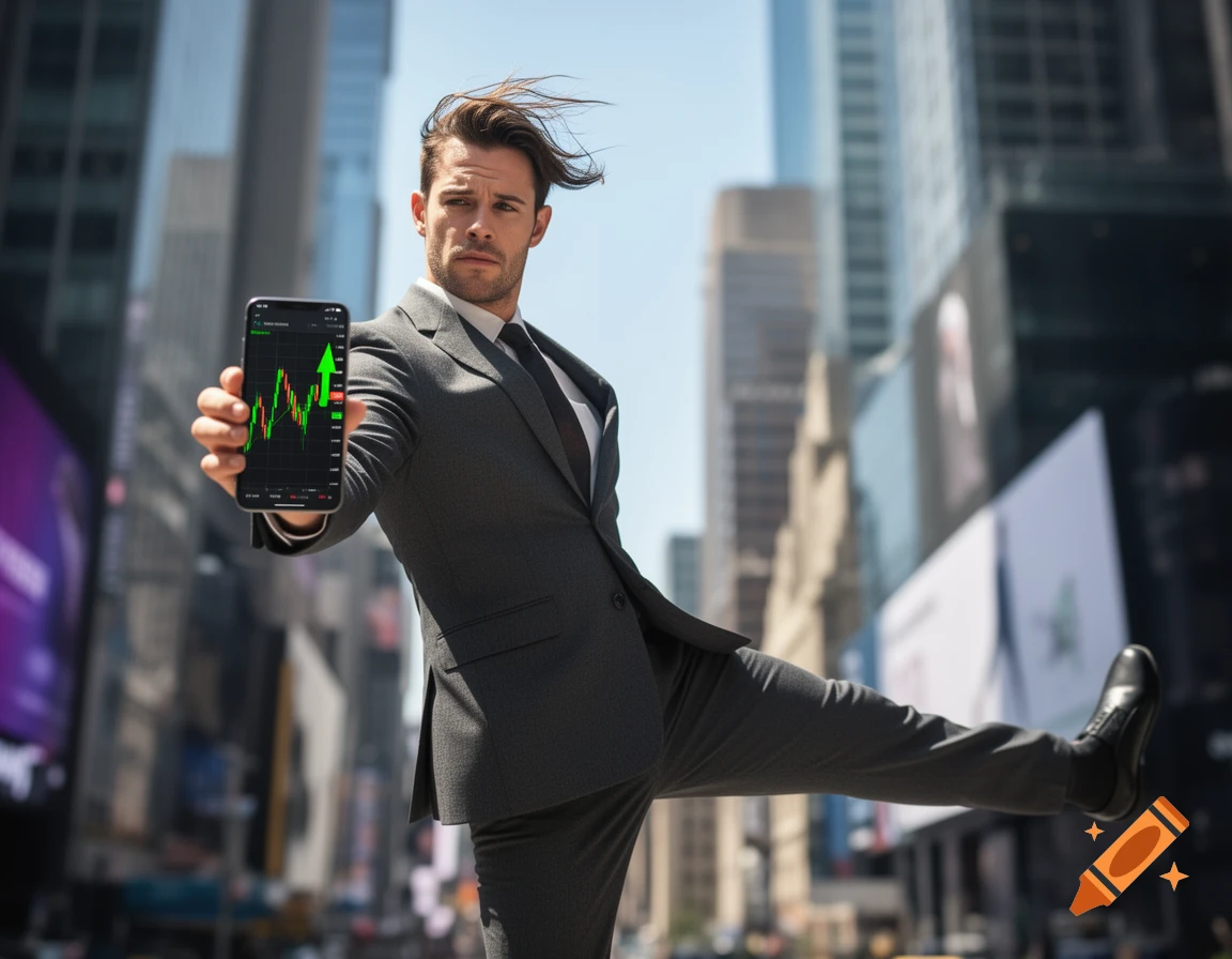 A man in a suit in a city strikes a dynamic pose while holding up a smartphone displaying a stock chart with an upward trend.