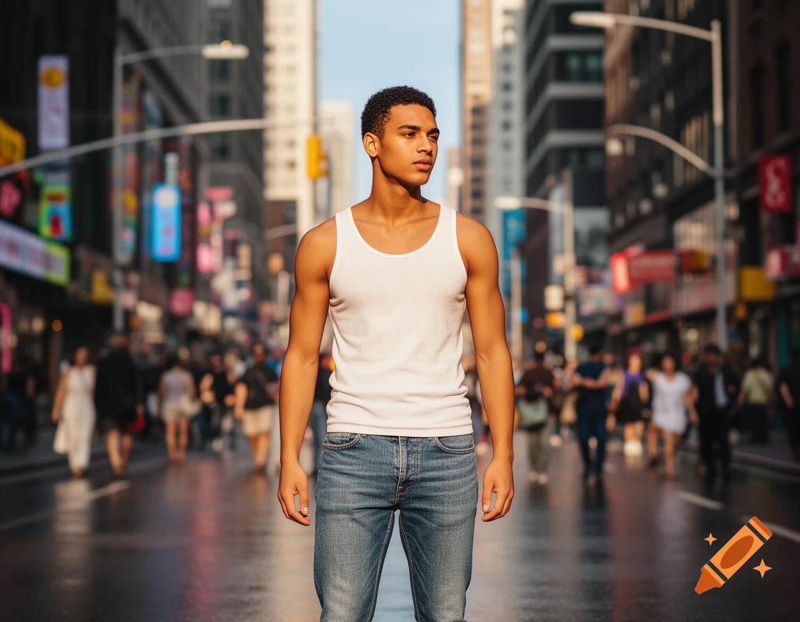 A young man in a white tank top and jeans stands in a sunlit city ...