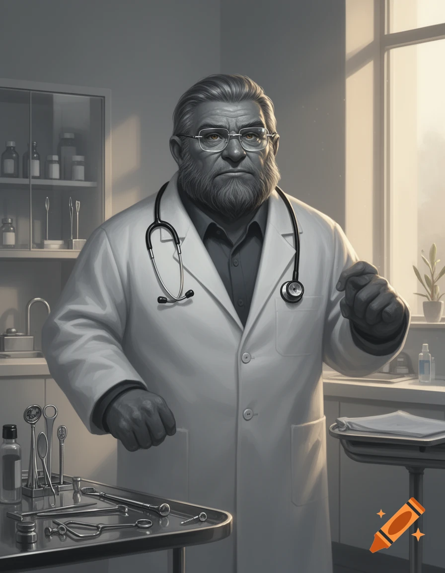 A gray-haired, bearded doctor in a white lab coat and stethoscope stands in a medical room with instruments in a grayscale illustration.