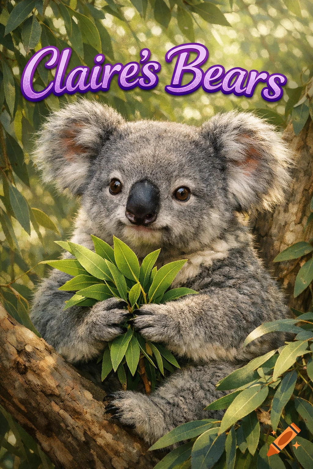 A fluffy koala sits in a tree holding green gum leaves, with the words "Claire's Bears" in purple text above.