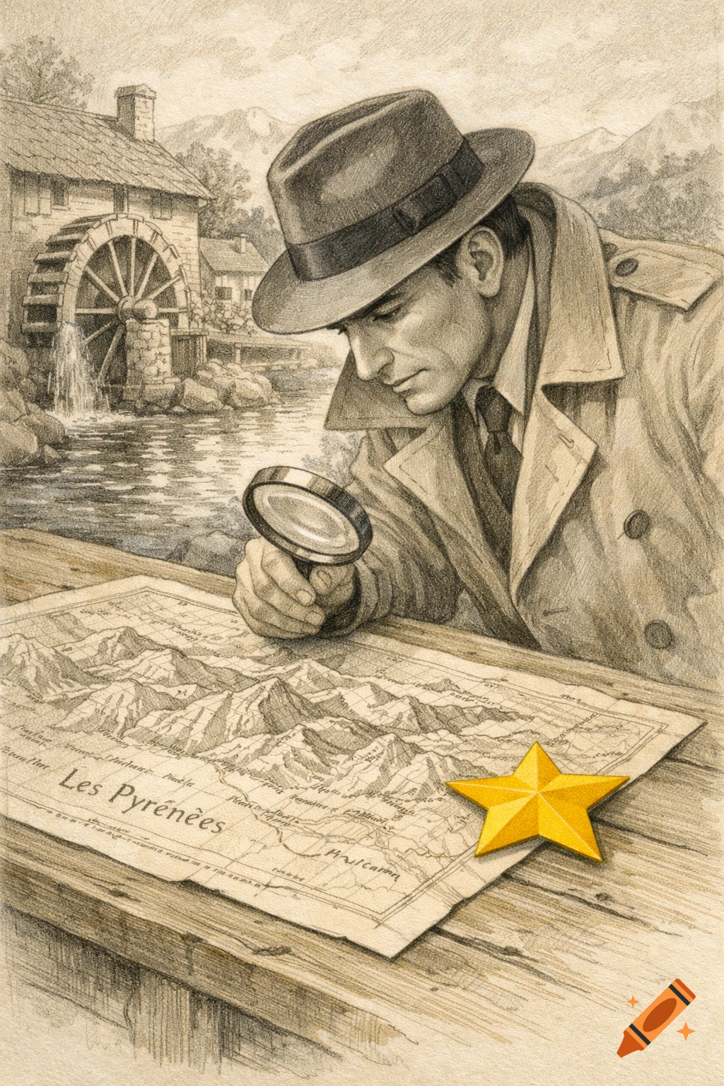 Pencil drawing of a detective examining a map of Les Pyrénées with a magnifying glass, a watermill in the background, and a gold star on the map.
