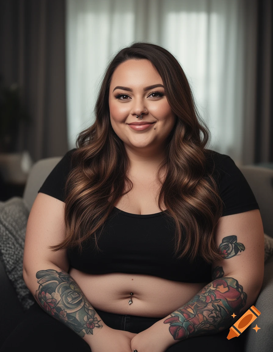 Photorealistic portrait of a curvy woman with long brown hair, nose and belly button piercings, and forearm tattoos, sitting and smiling.