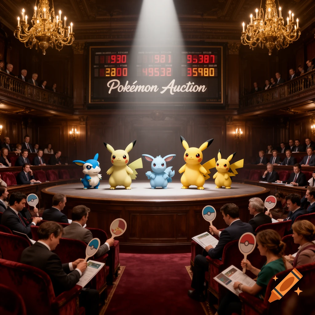 Four Pokémon characters, including Pikachu, stand on a stage in a grand auction hall as people in suits hold up bidding paddles.