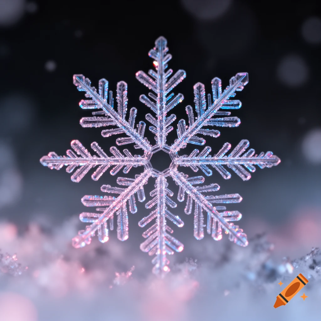 A detailed, glowing macro shot of a clear snowflake with pink and blue highlights, set against a dark background.