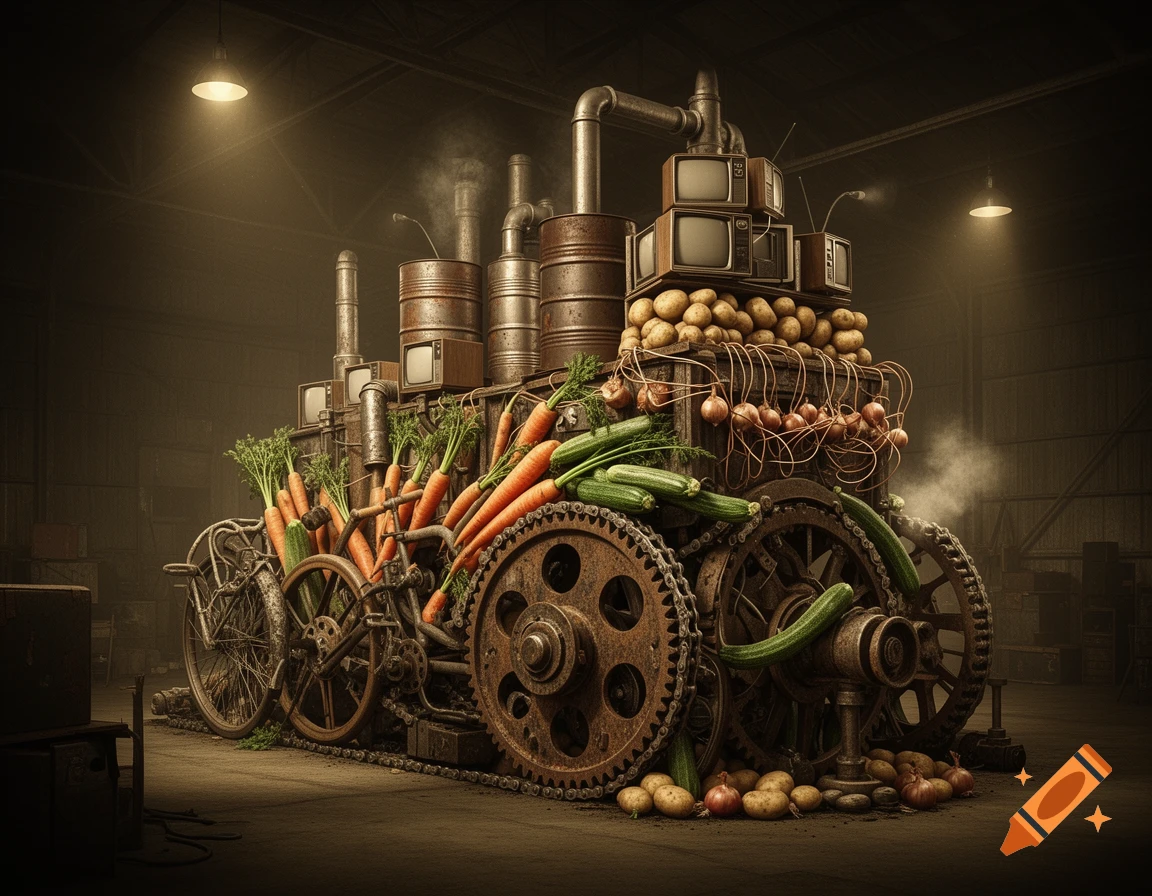 A rusty, surreal industrial machine crafted from junk, carrots, potatoes, cucumbers, onions, and old TVs in a dimly lit factory.