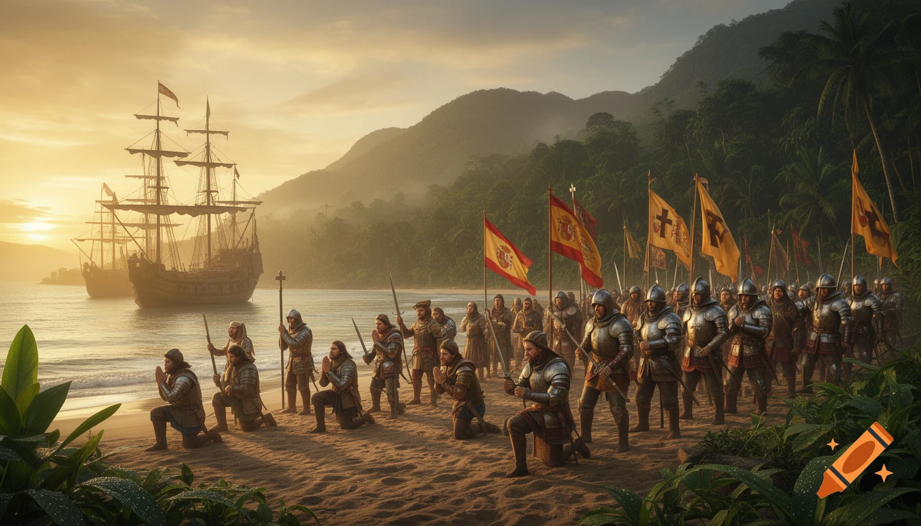 Dramatic scene of armored Spanish conquistadors arriving on a lush beach from tall ships at a golden sunrise, with some kneeling and others holding flags and swords.