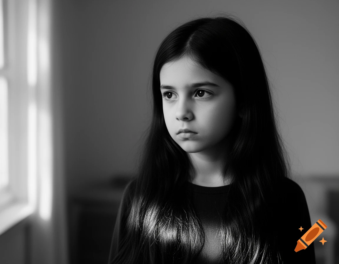 Black and white close-up portrait of a young girl with long dark hair, looking thoughtfully to the left.