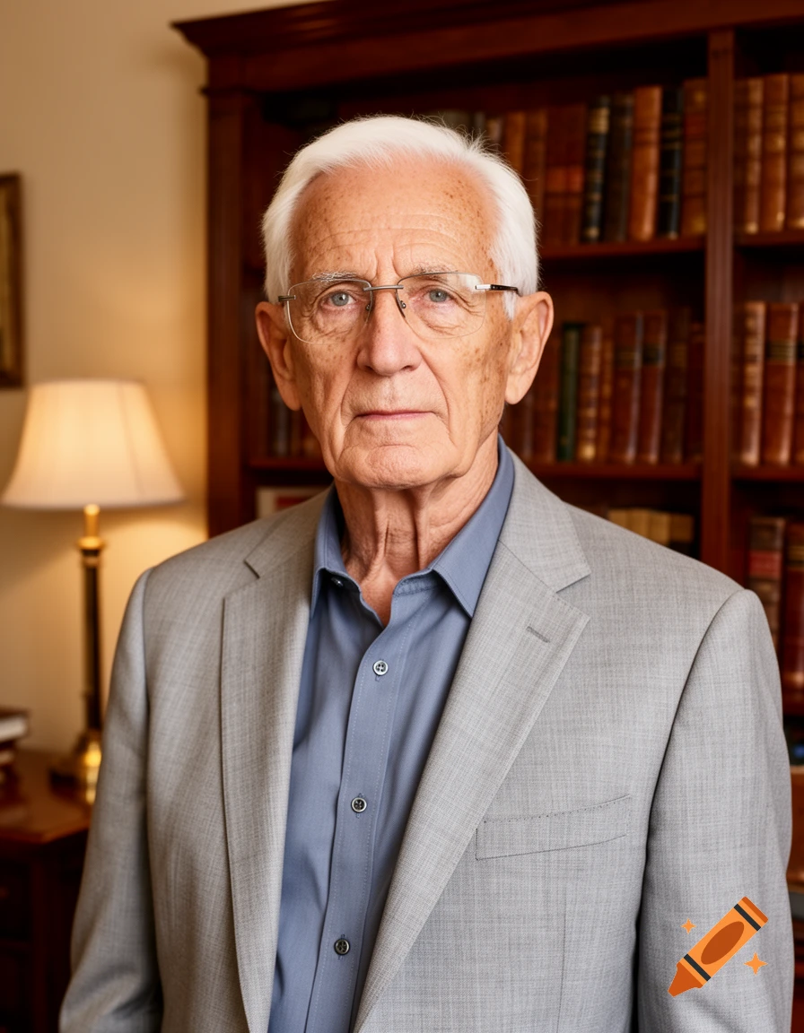 A senior man with white hair and glasses, wearing a light gray suit and blue shirt, stands in a room with a bookshelf and lamp.