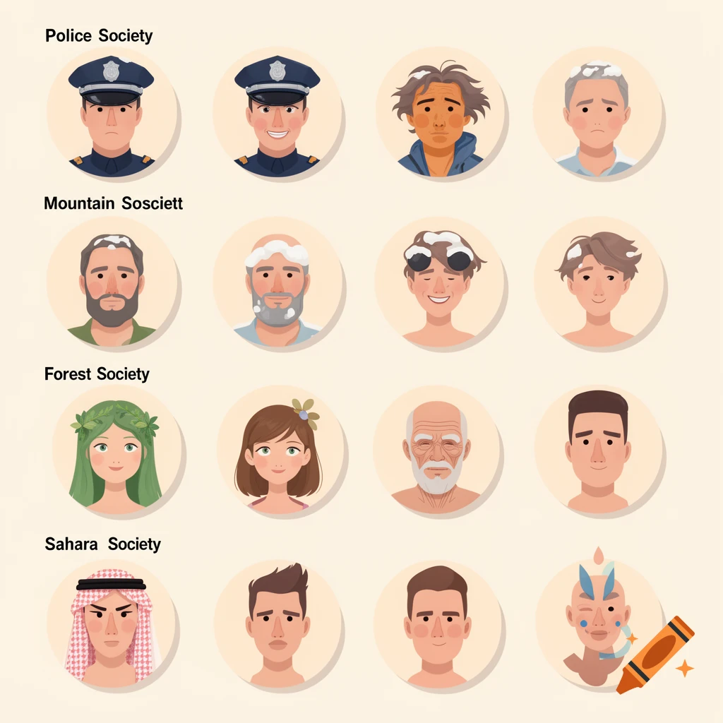 A grid of sixteen cartoon character busts organized by 'society,' including police, mountain, forest, and desert-themed individuals, in a flat, clean art style.