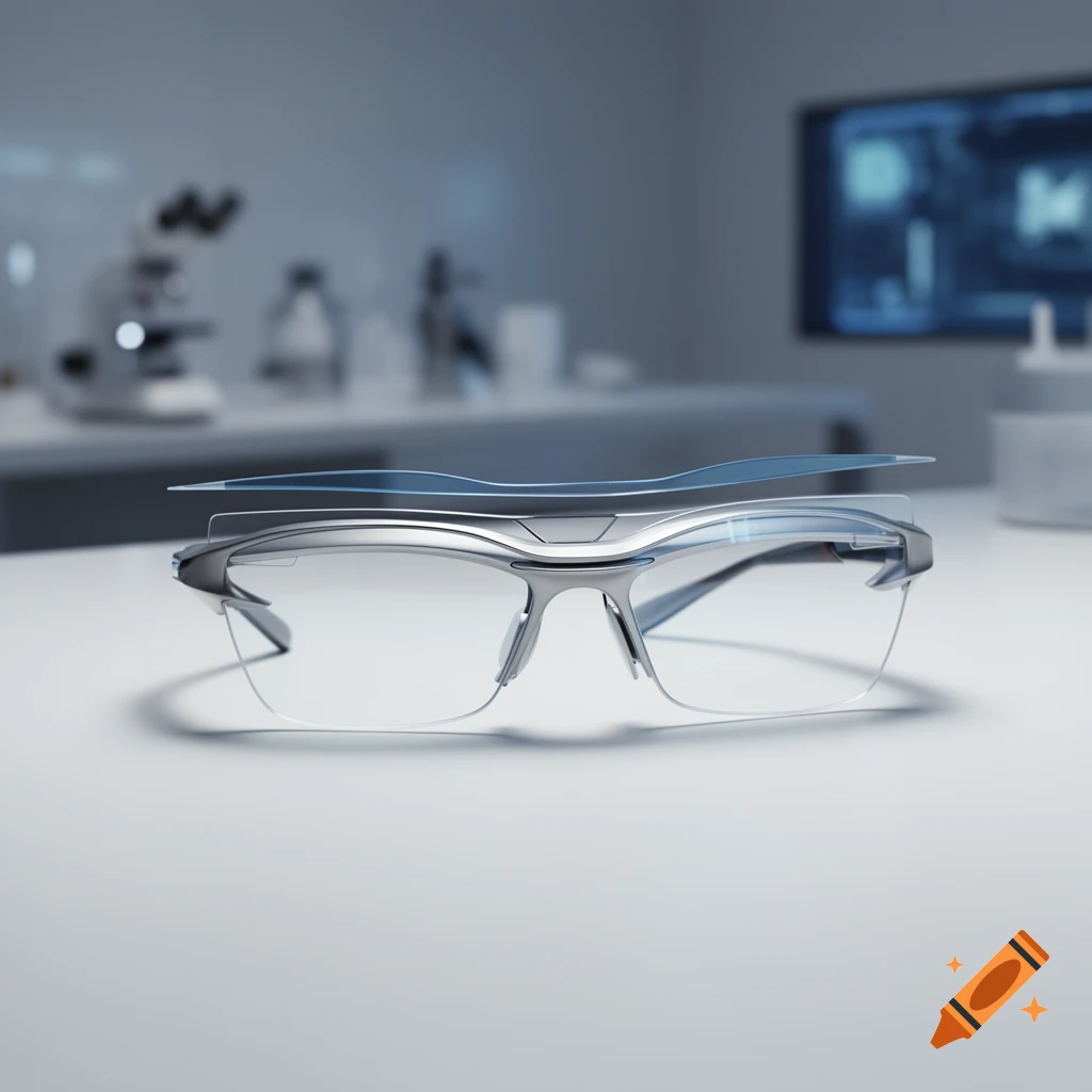 Futuristic glasses with a transparent visor on a white surface in a blurred laboratory setting.