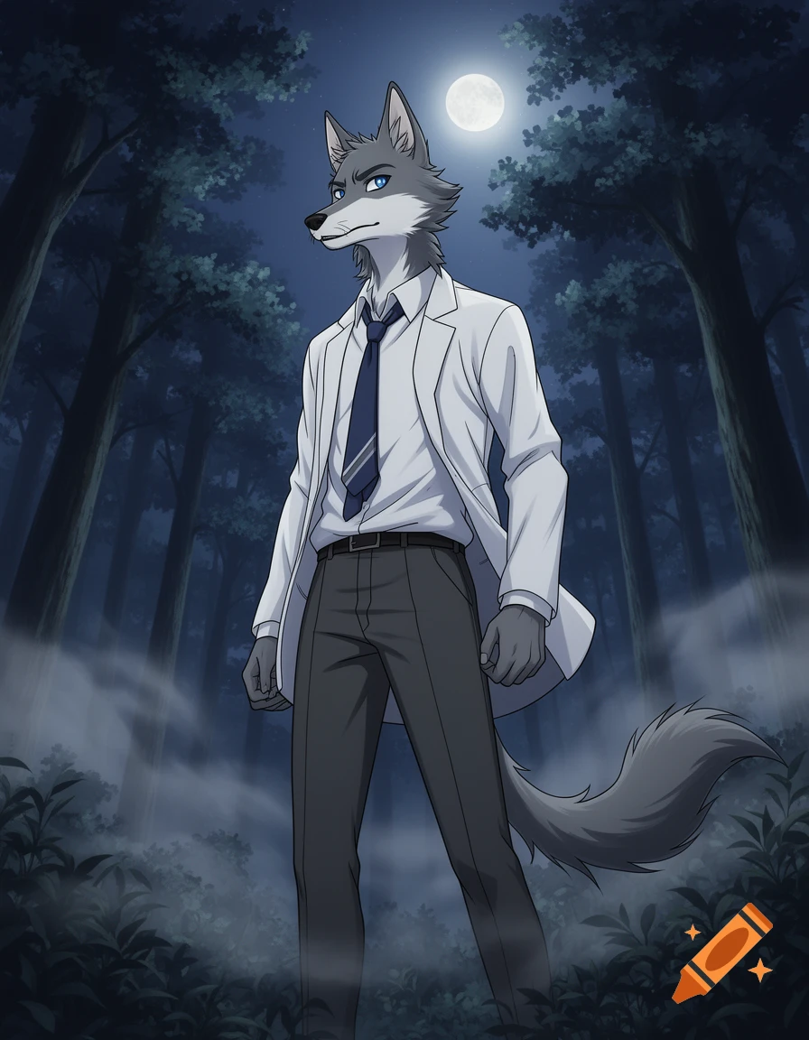 Anime-style illustration of a grey anthropomorphic wolf in a white lab coat and tie, standing in a dark, misty forest under a full moon.