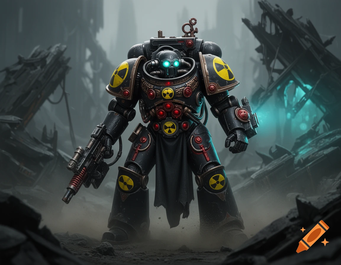 A black and yellow Adeptus Mechanicus Skitarii soldier with glowing cyan eyes and red accents, holding a rifle in a ruined, dusty environment.