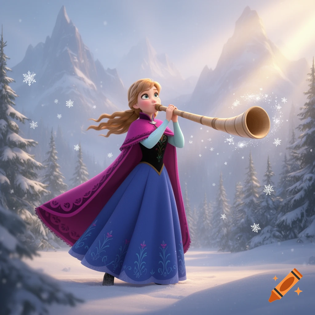 Animated Princess Anna playing an alphorn in a snowy mountain landscape ...