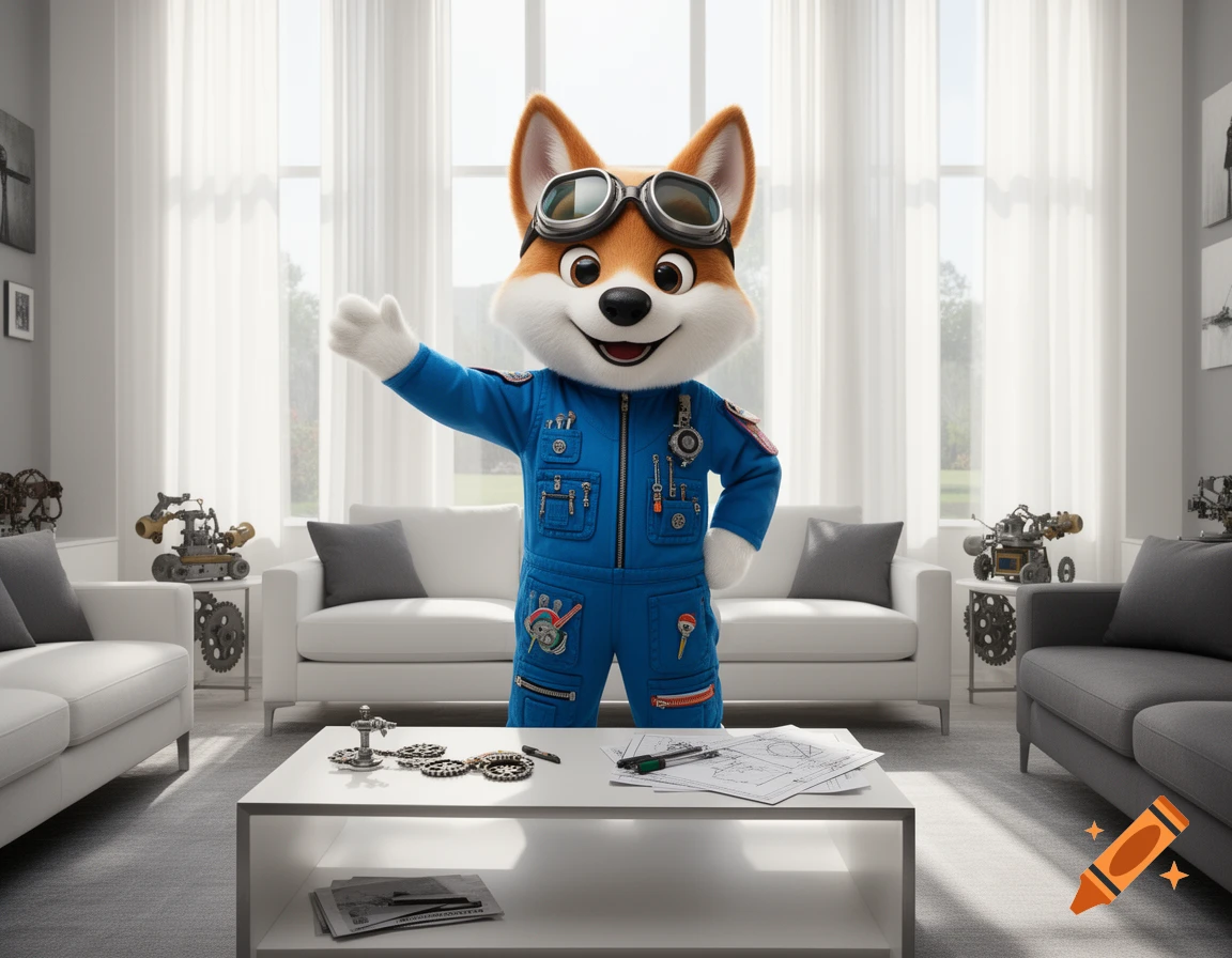 A cute, smiling fox mascot in a blue jumpsuit and goggles waves in a modern living room filled with mechanical gadgets.