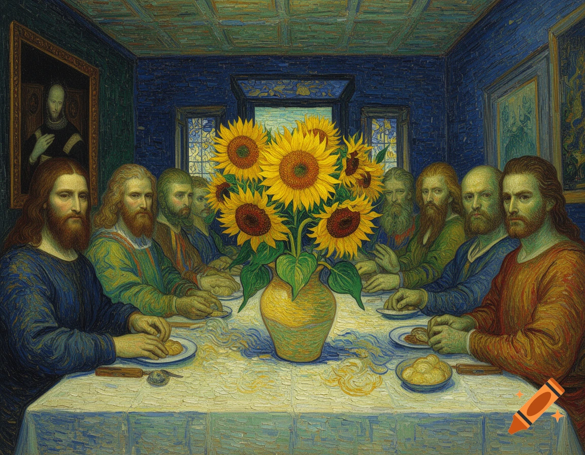 Painting in Van Gogh's style depicting a scene similar to The Last Supper, with men around a table and a vase of sunflowers.