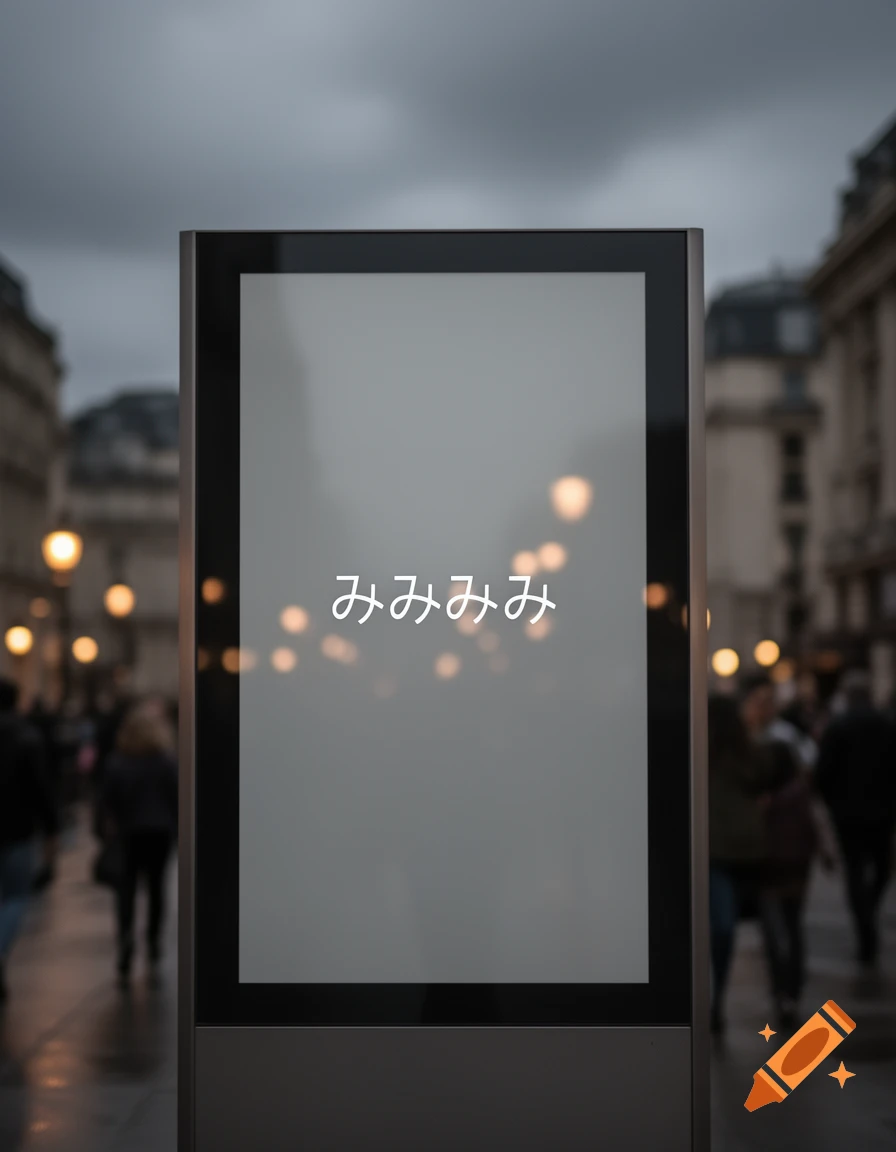 A photorealistic image of a large, blank billboard displaying Japanese text "みみみみ" on a busy city street at dusk.