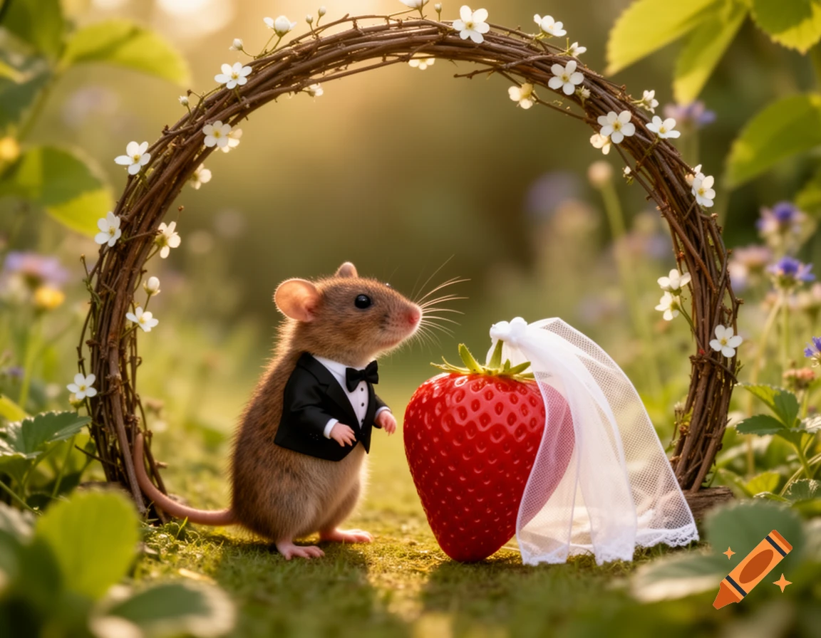 A brown mouse in a tuxedo stands next to a strawberry with a bridal veil under a white floral arch on green grass.