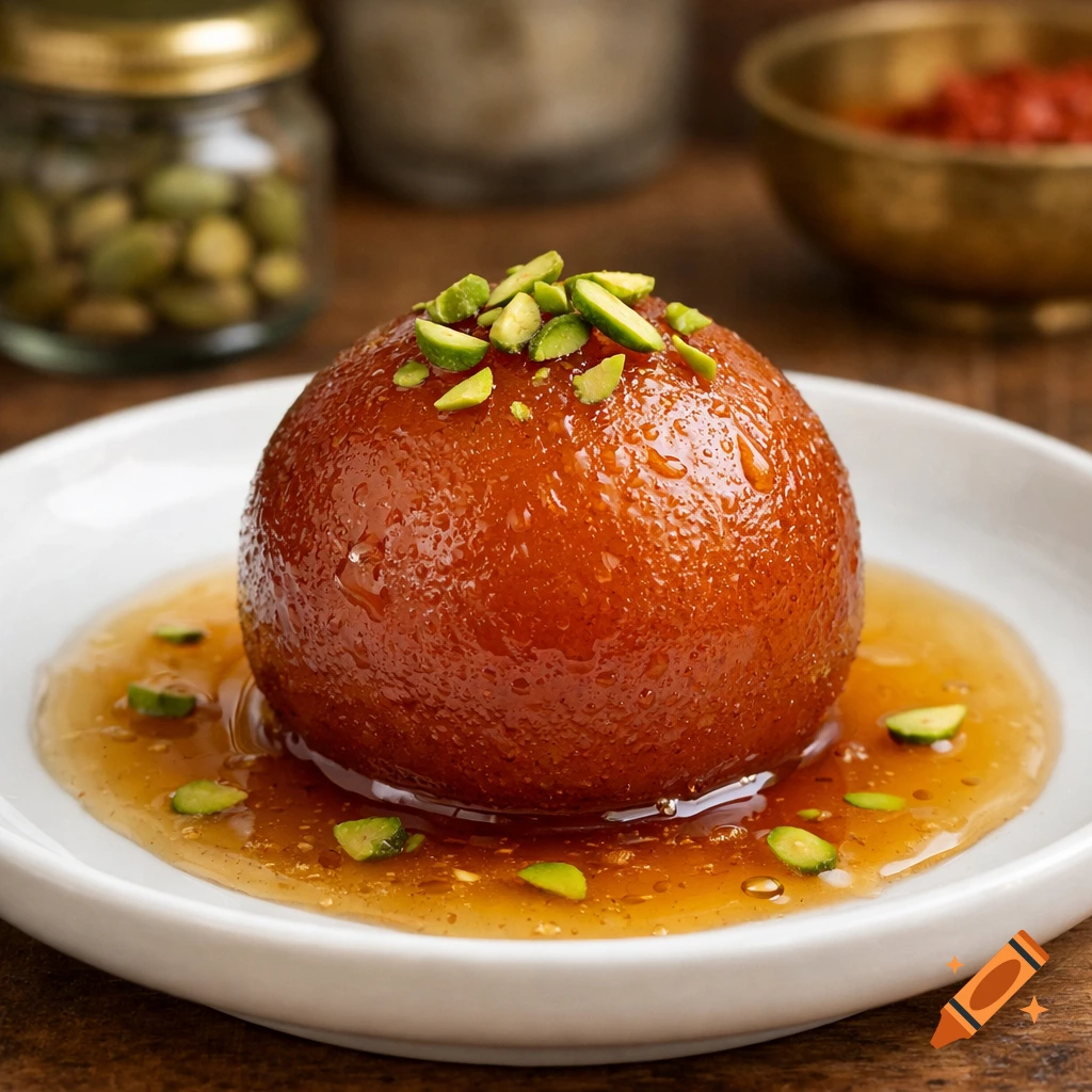 A single golden-brown gulab jamun soaked in syrup, topped with chopped pistachios, on a white plate. Blurred spices in jars in background.