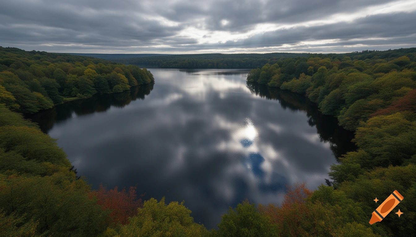 A dark lake surrounded by dense forest under a cloudy sky, with reflections of the clouds and a bright spot in the water.