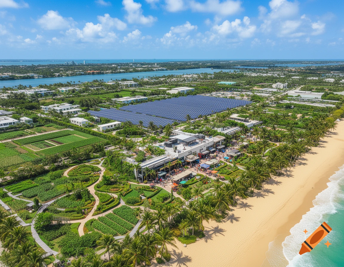 Aerial view of a vibrant coastal city featuring a large solar farm, lush gardens, buildings, a busy outdoor area, and a sandy beach.