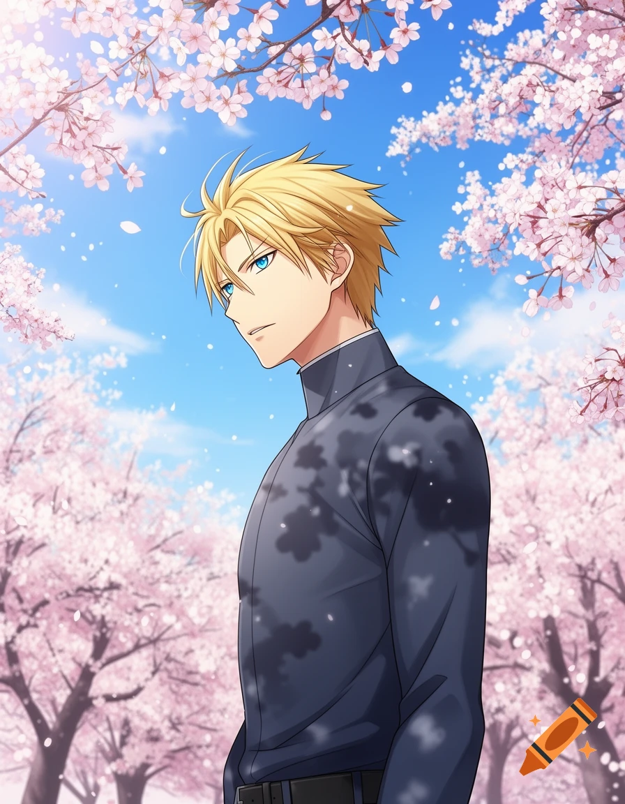 Anime illustration of a blonde-haired guy with blue eyes, looking left under cherry blossoms against a blue sky.