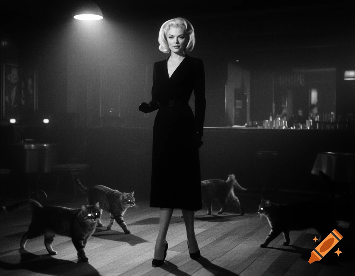 A blonde femme fatale in a black dress stands in a dim bar, surrounded by cats with glowing eyes, in a film noir style.