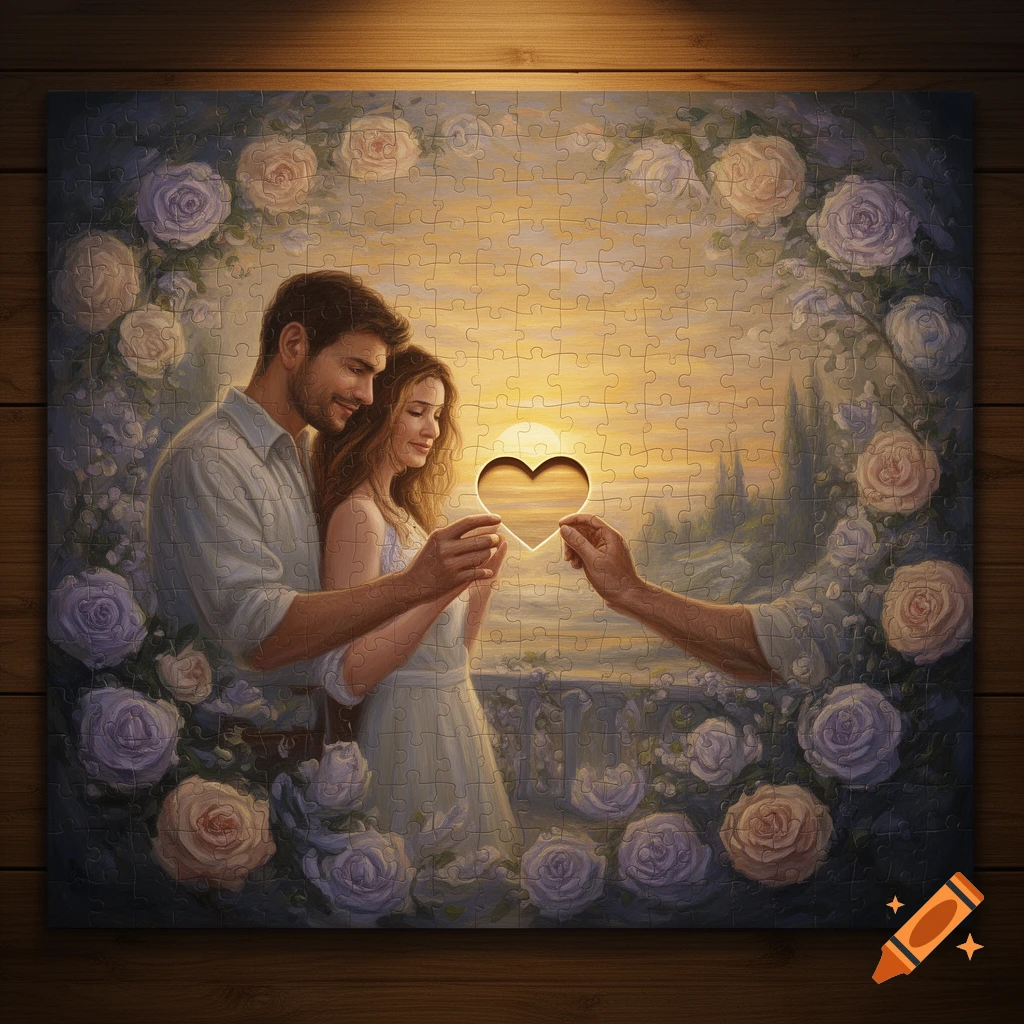 Artistic painting of a romantic couple holding a heart-shaped puzzle piece at sunset, surrounded by roses.