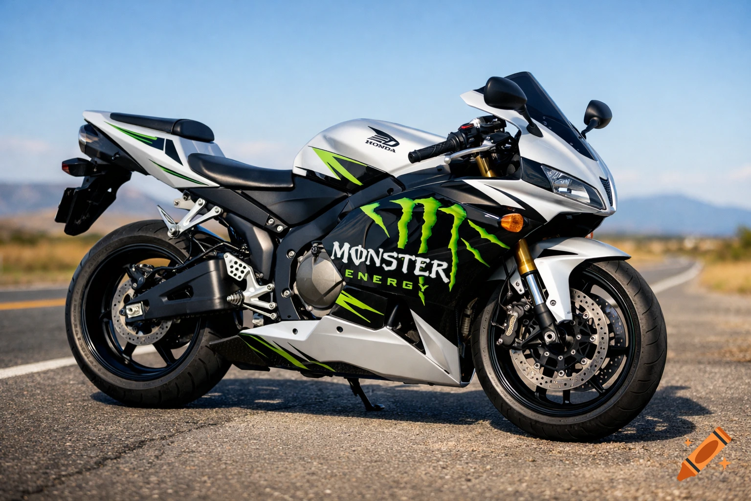 A silver, black, and green Honda CBR 600 RR motorcycle with Monster Energy branding parked on an asphalt road.