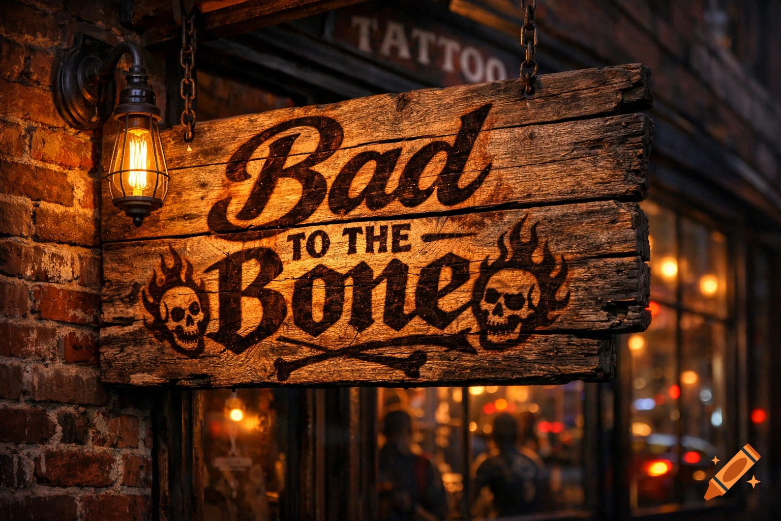 A rustic wooden sign with skulls and flames reads "Bad TO THE BONE," illuminated by a lantern on a brick wall at night.