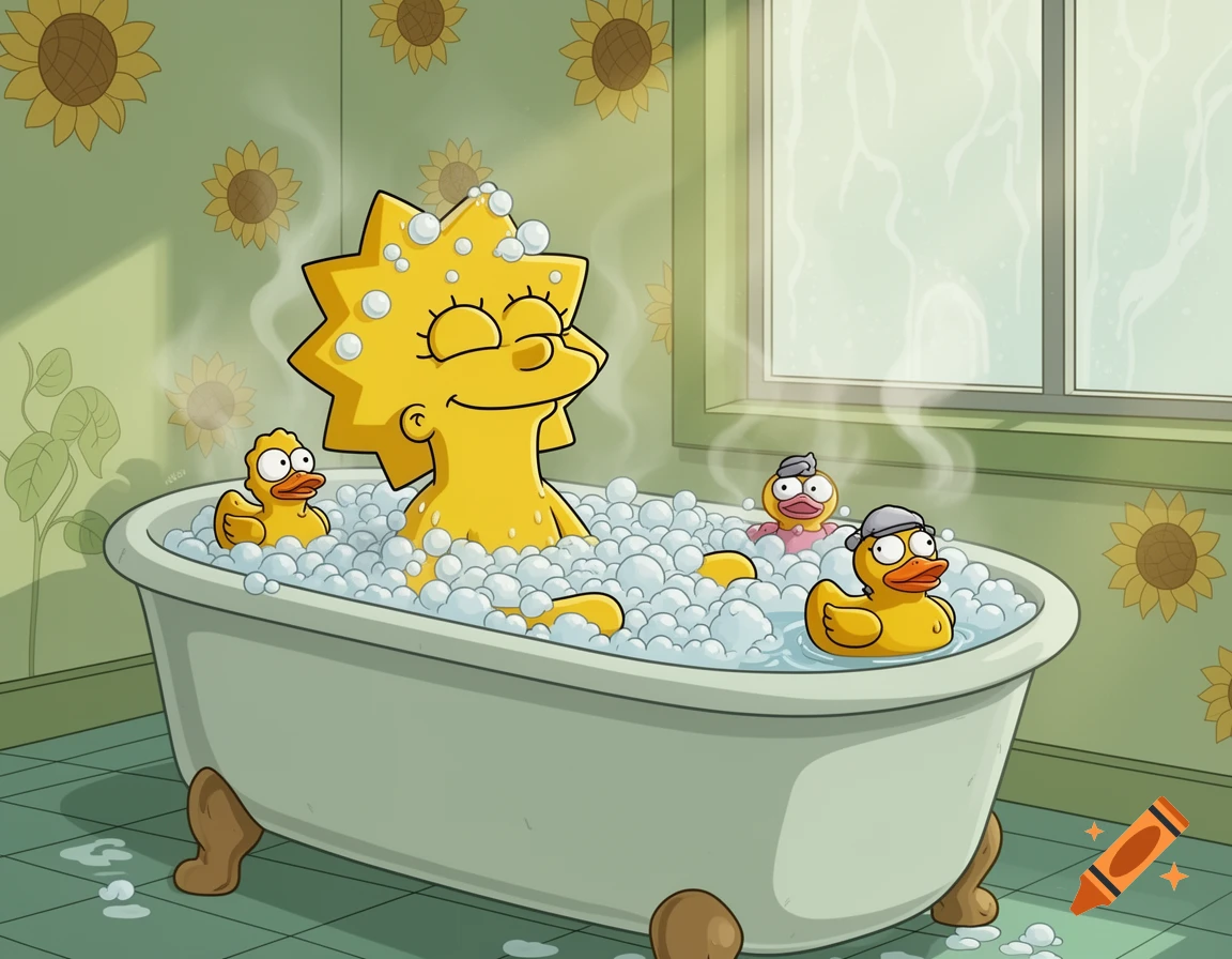 Cartoon Lisa Simpson relaxing in a bubble bath with rubber ducks in a bathroom with sunflower wallpaper.