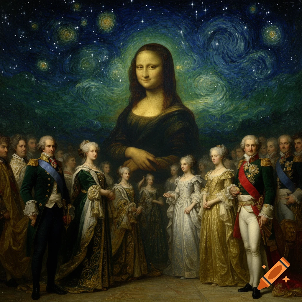 A composite painting in classical style, showing the Mona Lisa under a swirling starry night sky above a crowd of figures from a royal coronation.