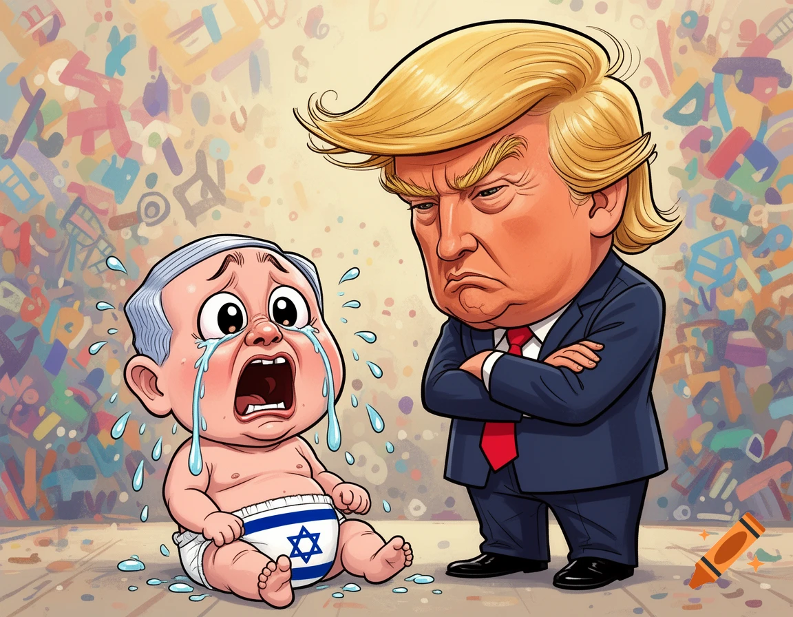 Cartoon caricature of a crying baby Benjamin Netanyahu in an Israel flag diaper next to an angry Donald Trump with crossed arms, against a colorful abstract background.