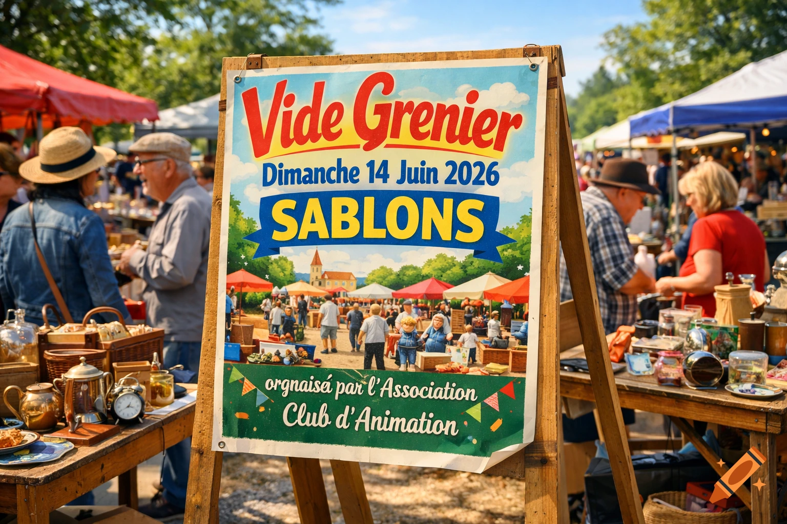 A sign for a 'Vide Grenier' (flea market) in Sablons on June 14, 2026, foregrounds a busy outdoor market scene.