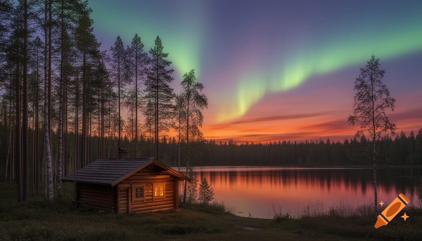 A peaceful log cabin by a calm lake in a Finnish forest under a vibrant sunset and green northern lights, photorealistic style.