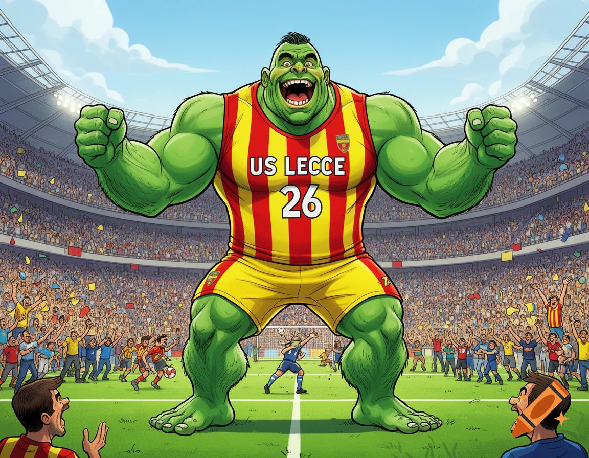 Gigantic green monster in a red and yellow US LECCE 26 football uniform, cheering in a crowded stadium, humorous cartoon.