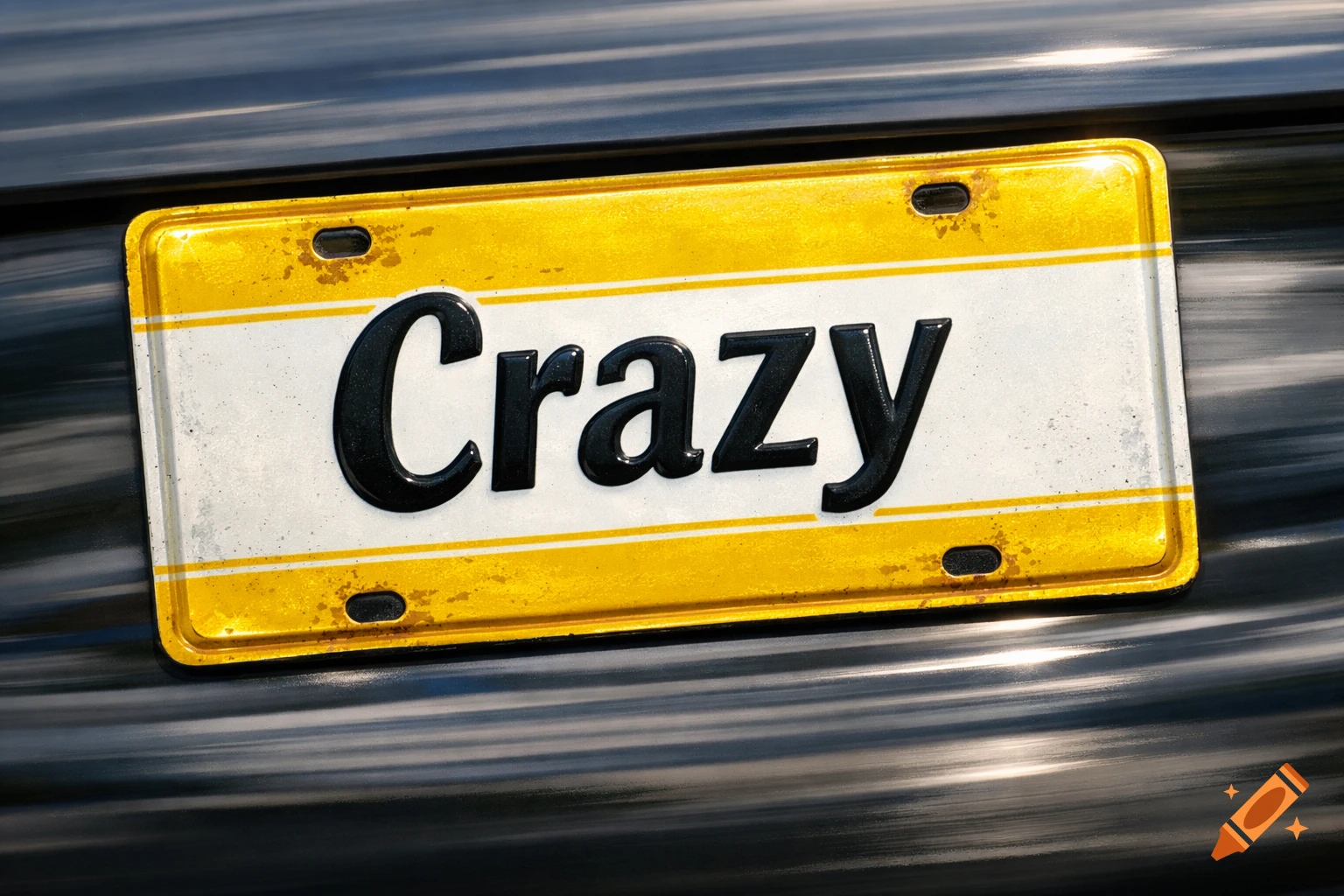 Close-up of a yellow and white license plate with "Crazy" in black raised letters, against a dark, streaky background.