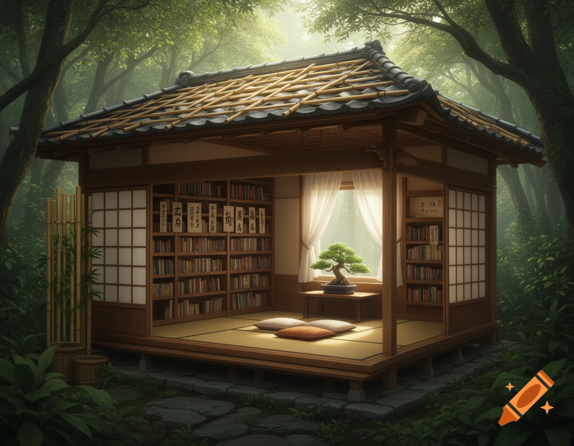 A serene Japanese-style library or tea house nestled in a lush, misty green forest, featuring bookshelves, tatami mats, and a bonsai tree.