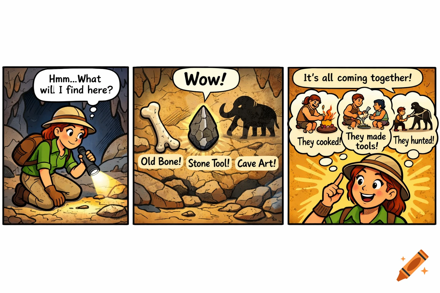 A three-panel cartoon comic shows a young archaeologist exploring a prehistoric cave, discovering artifacts, and envisioning early human life.