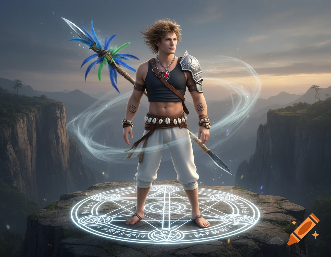 A male fantasy character with a bladed staff stands on a glowing sacred ...